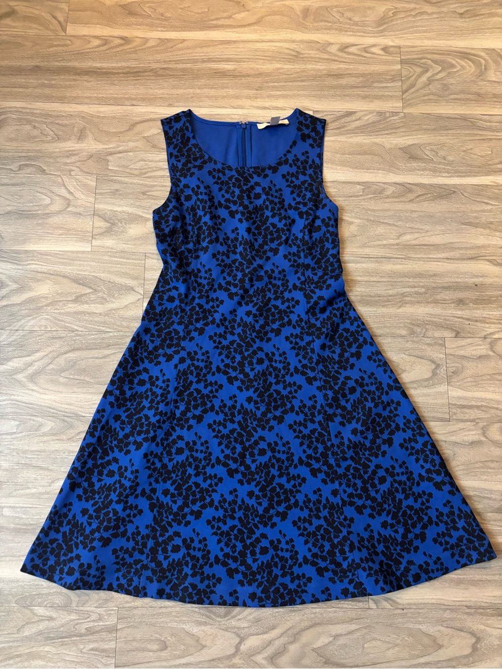 Lark & Ro Royal Blue Sleeveless A-Line Dress with Black Floral Flock